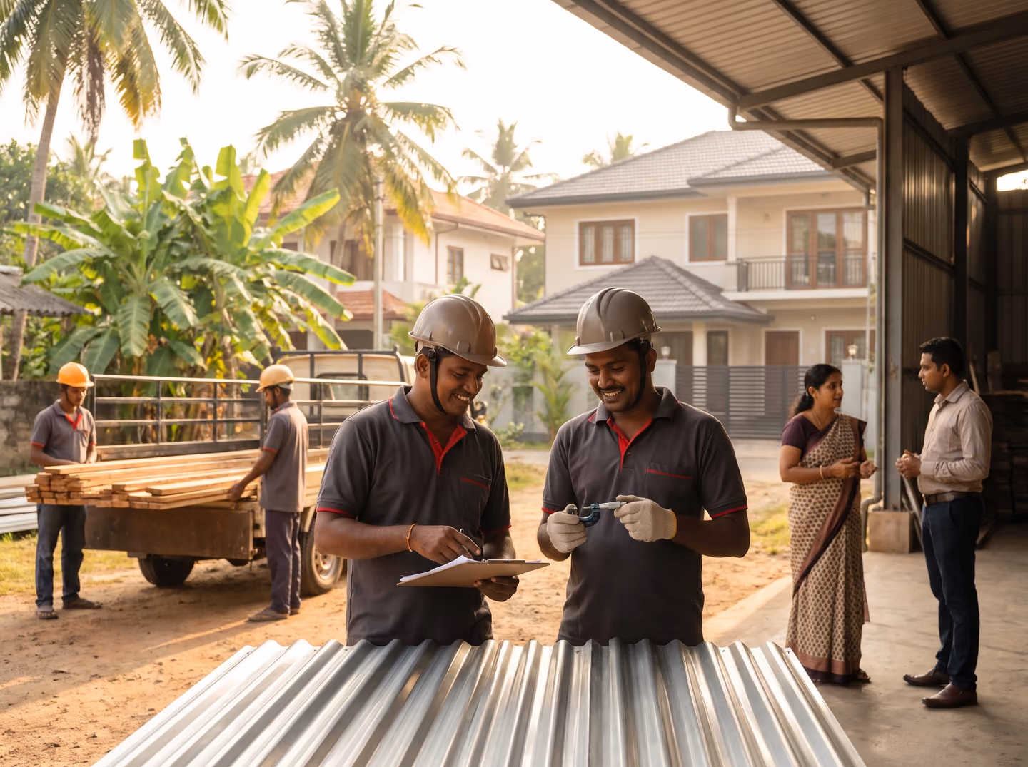 SHA Roofing staff checking roofing sheet thickness and order details before dispatching materials