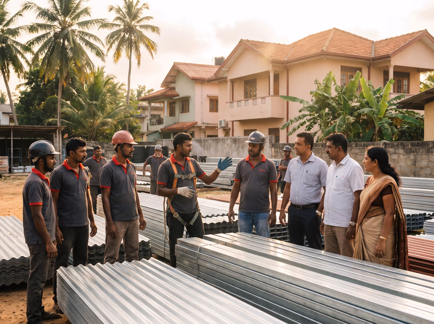 SHA Roofing team in charcoal and red uniforms standing in a materials yard with roofing sheets and C purlins in Sri Lanka
