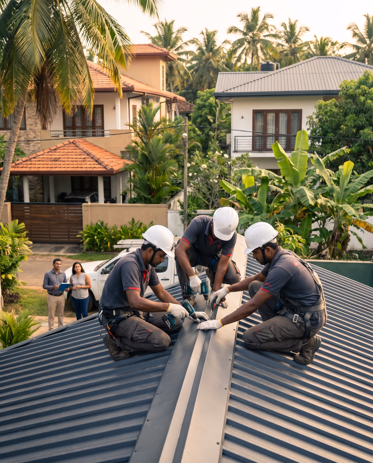 SHA Roofing technicians in charcoal and red uniforms fitting a ridge cap on a modern charcoal metal roof in Sri Lanka
