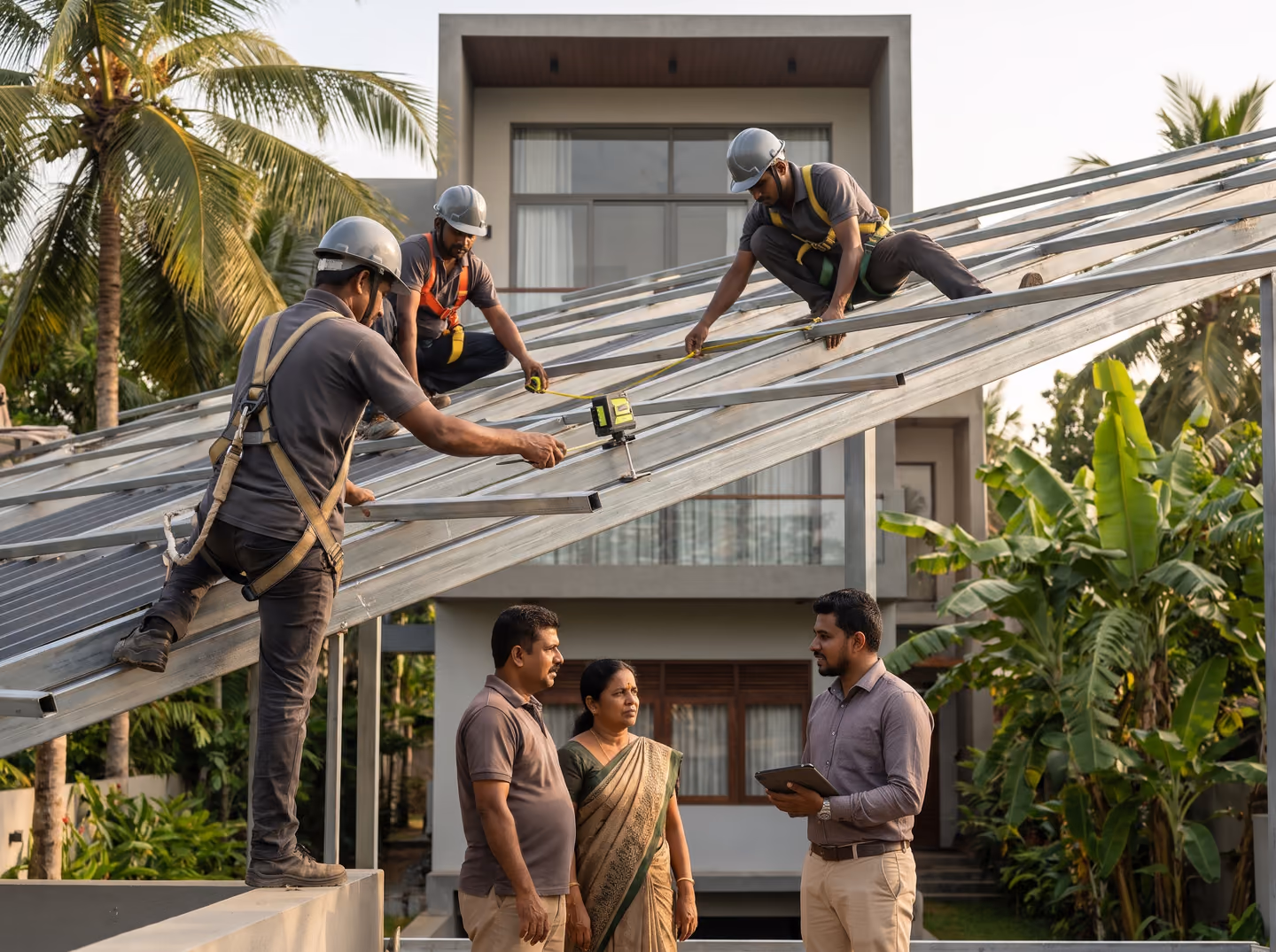 Roofing team measuring a steel C purlin roof frame before preparing an accurate roofing quotation in Sri Lanka