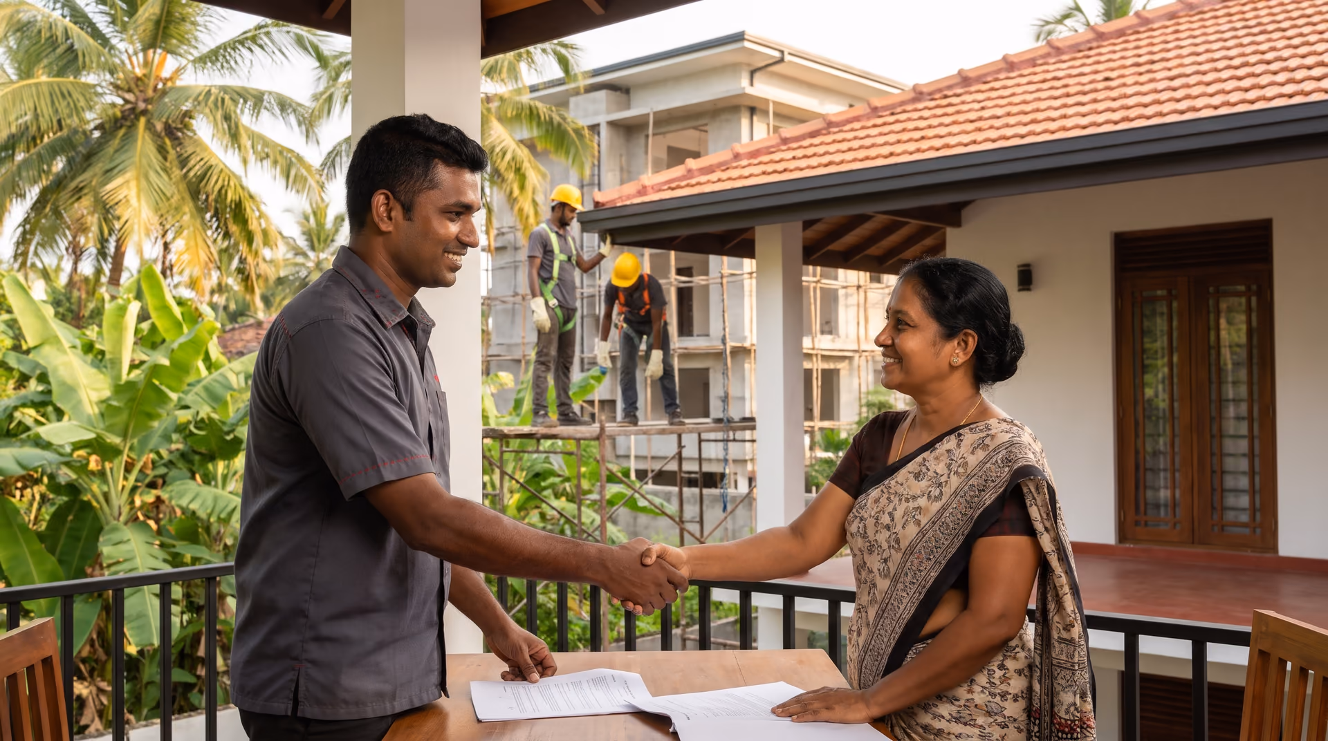 SHA Roofing representative shaking hands with a customer over signed project documents