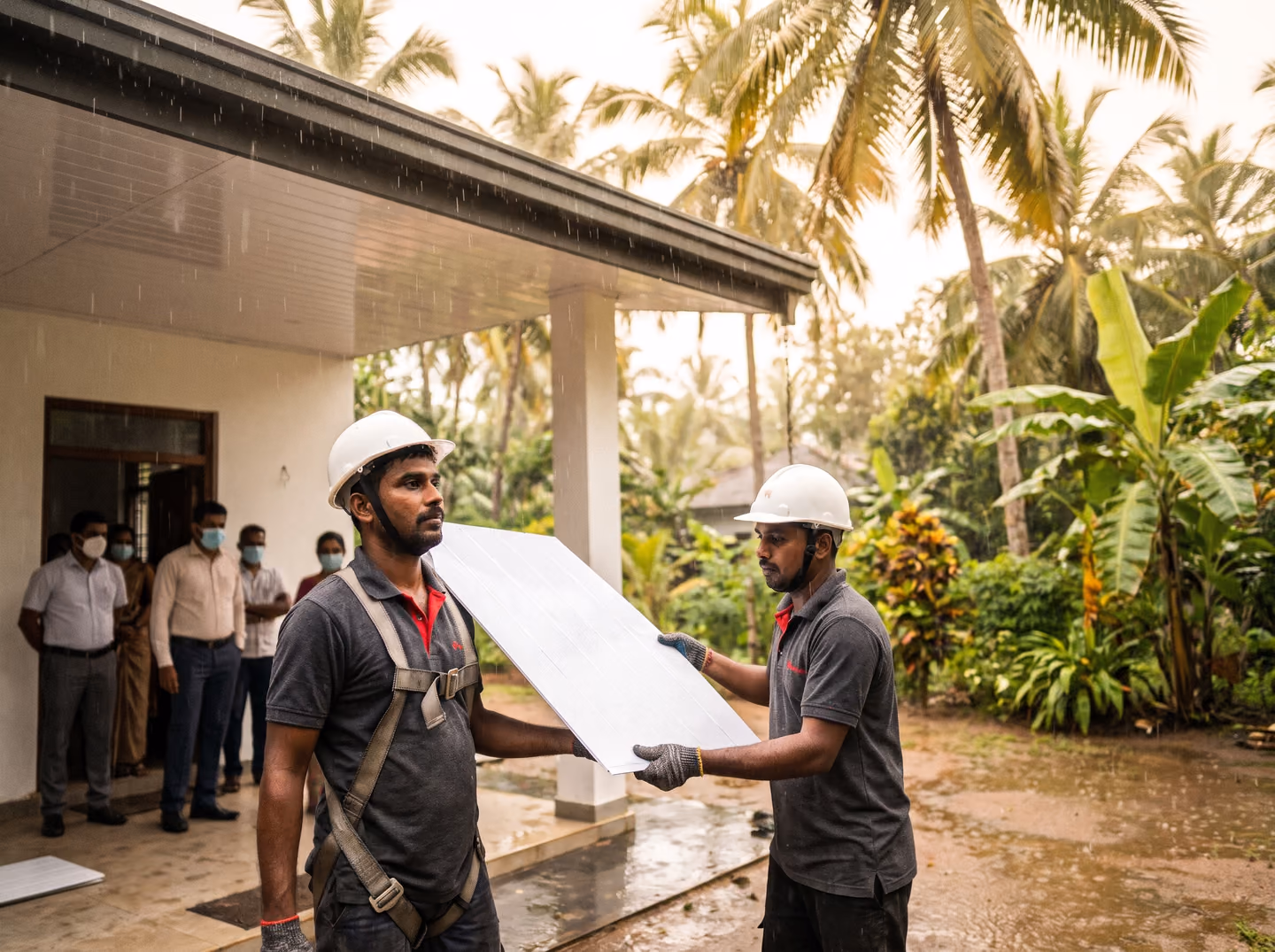 SHA Roofing installers fitting a moisture resistant white PVC ceiling on a covered veranda during monsoon rain