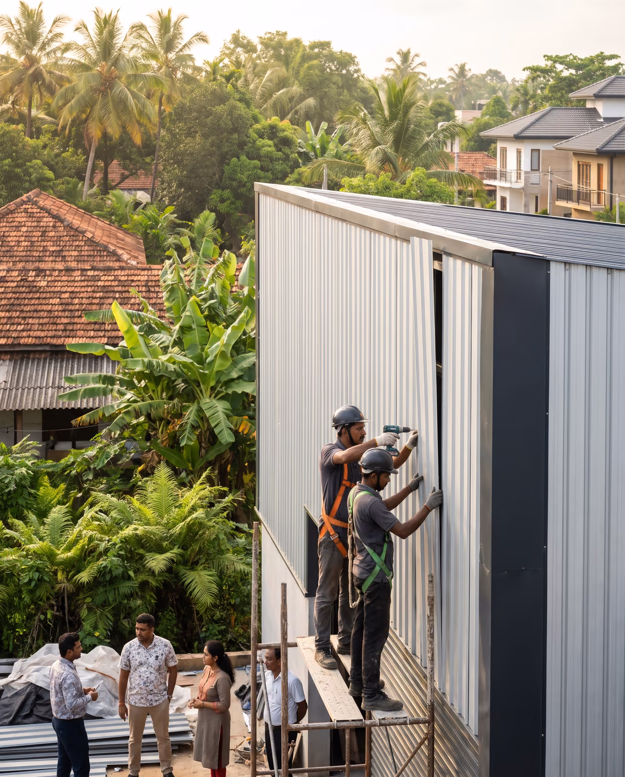 Installers fixing silver vertical wall cladding with charcoal corner trims on a modern warehouse in Sri Lanka