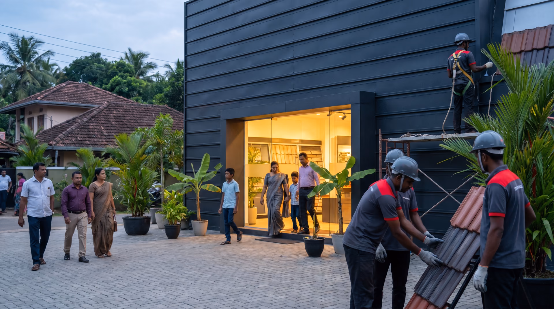 Modern showroom facade finished in charcoal horizontal metal cladding at dusk in Sri Lanka