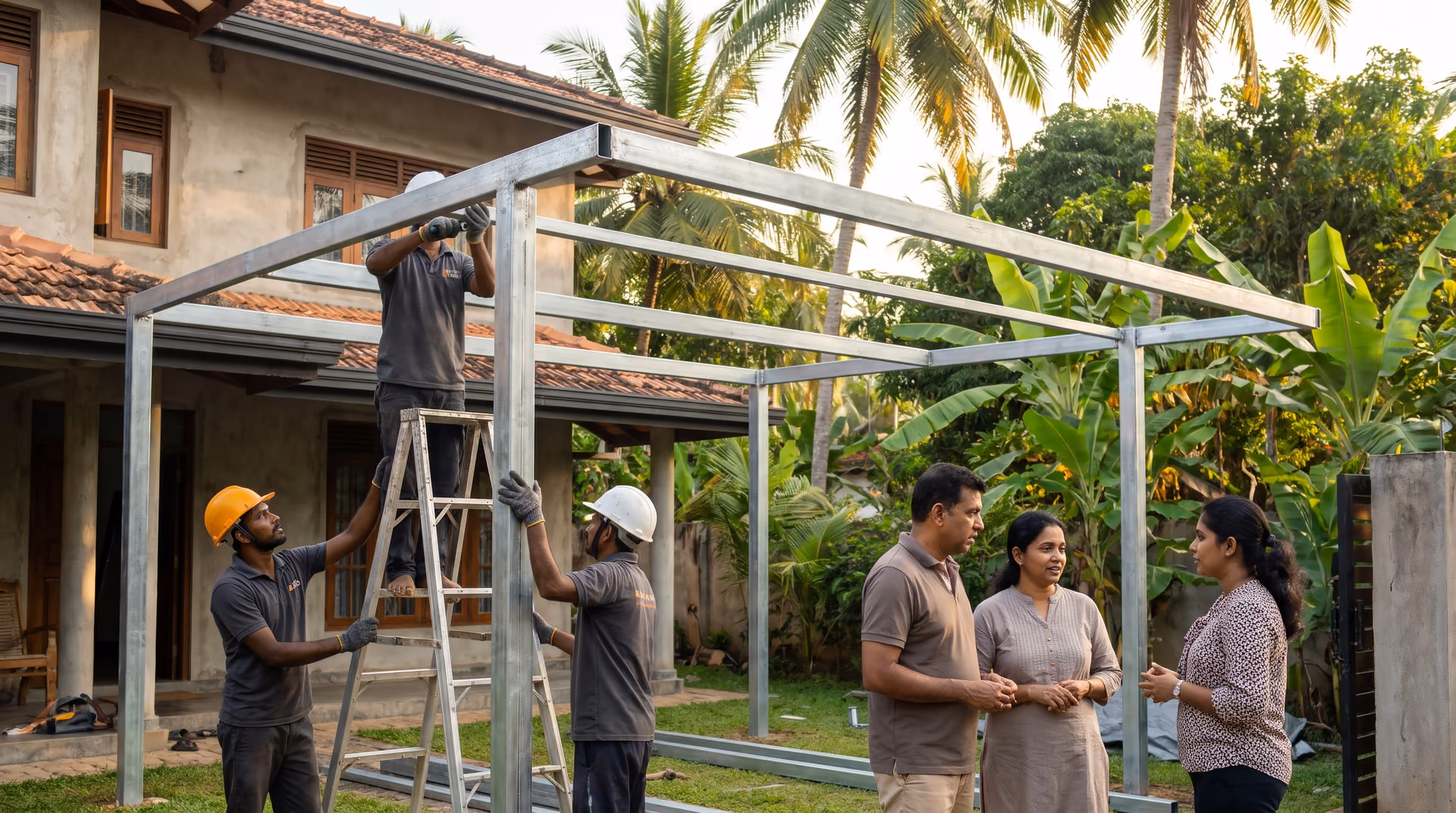 Galvanised iron car porch frame built from square and rectangular GI tubes beside a Sri Lankan home