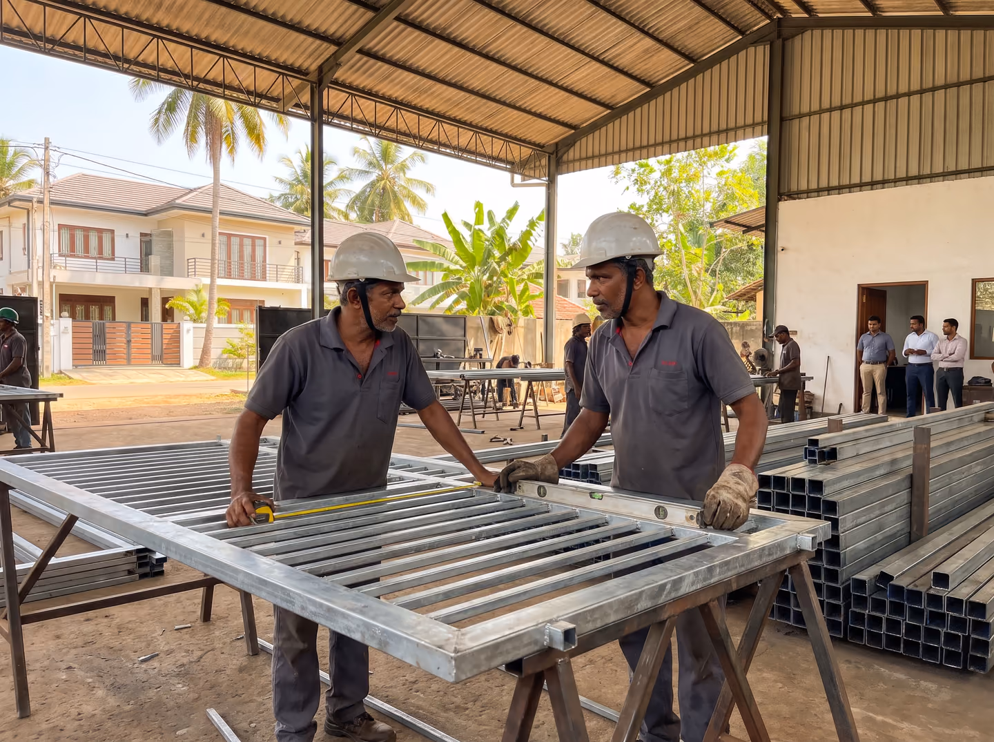 Fabricators checking a galvanised box bar gate frame made from SHA GI square tubes in a workshop