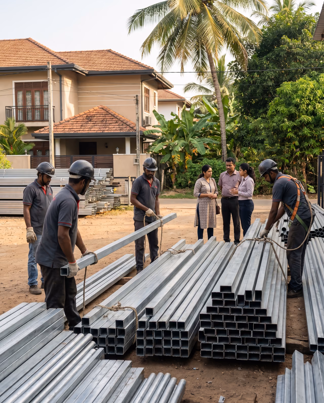 Stacked galvanised iron square, rectangular and round tubes in the SHA Roofing steel yard in Sri Lanka