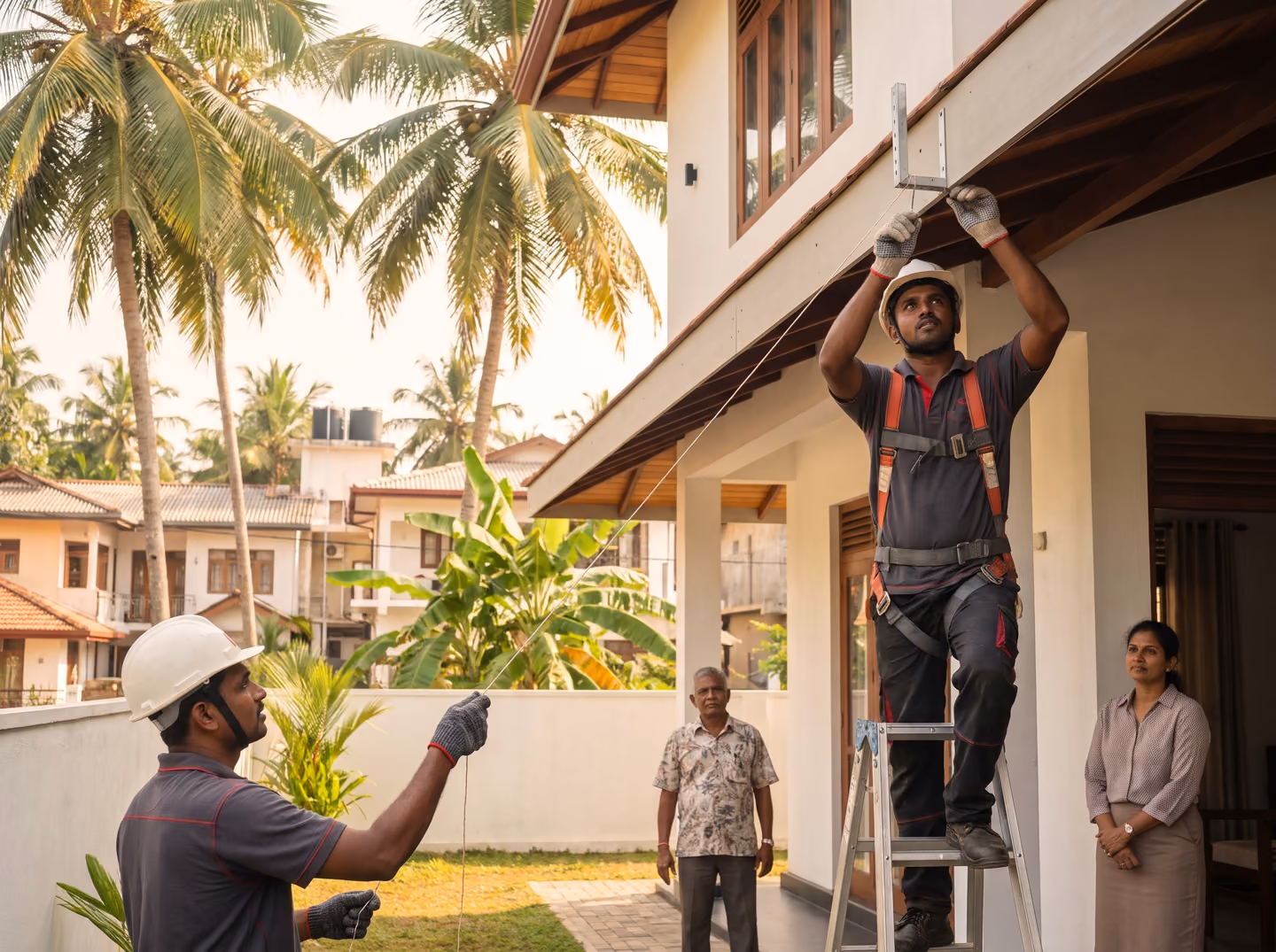 SHA Roofing technicians setting a string line and fixing gutter brackets to give the gutter the correct fall