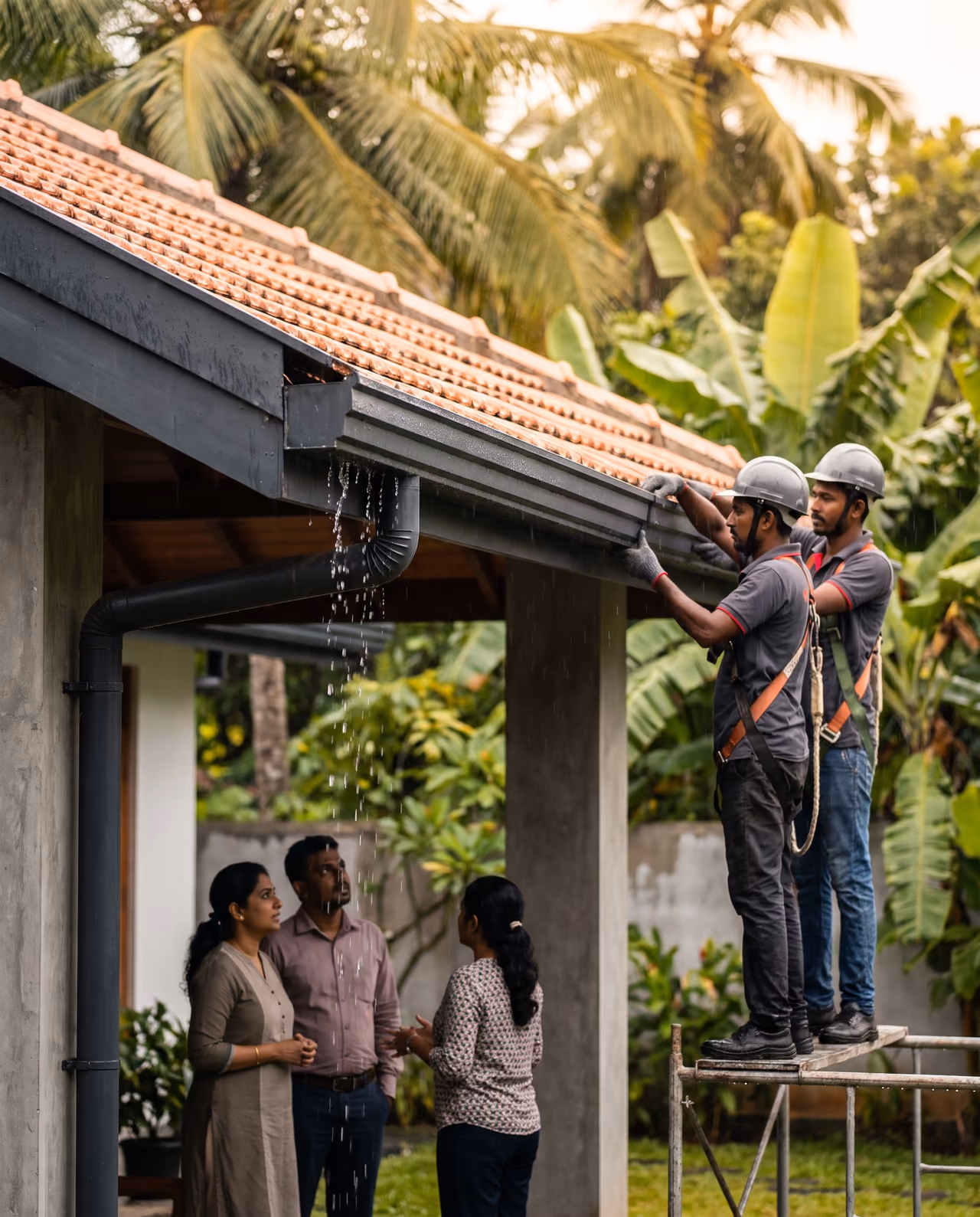 Charcoal metal gutter carrying monsoon rainwater into a downpipe on a modern Sri Lankan home