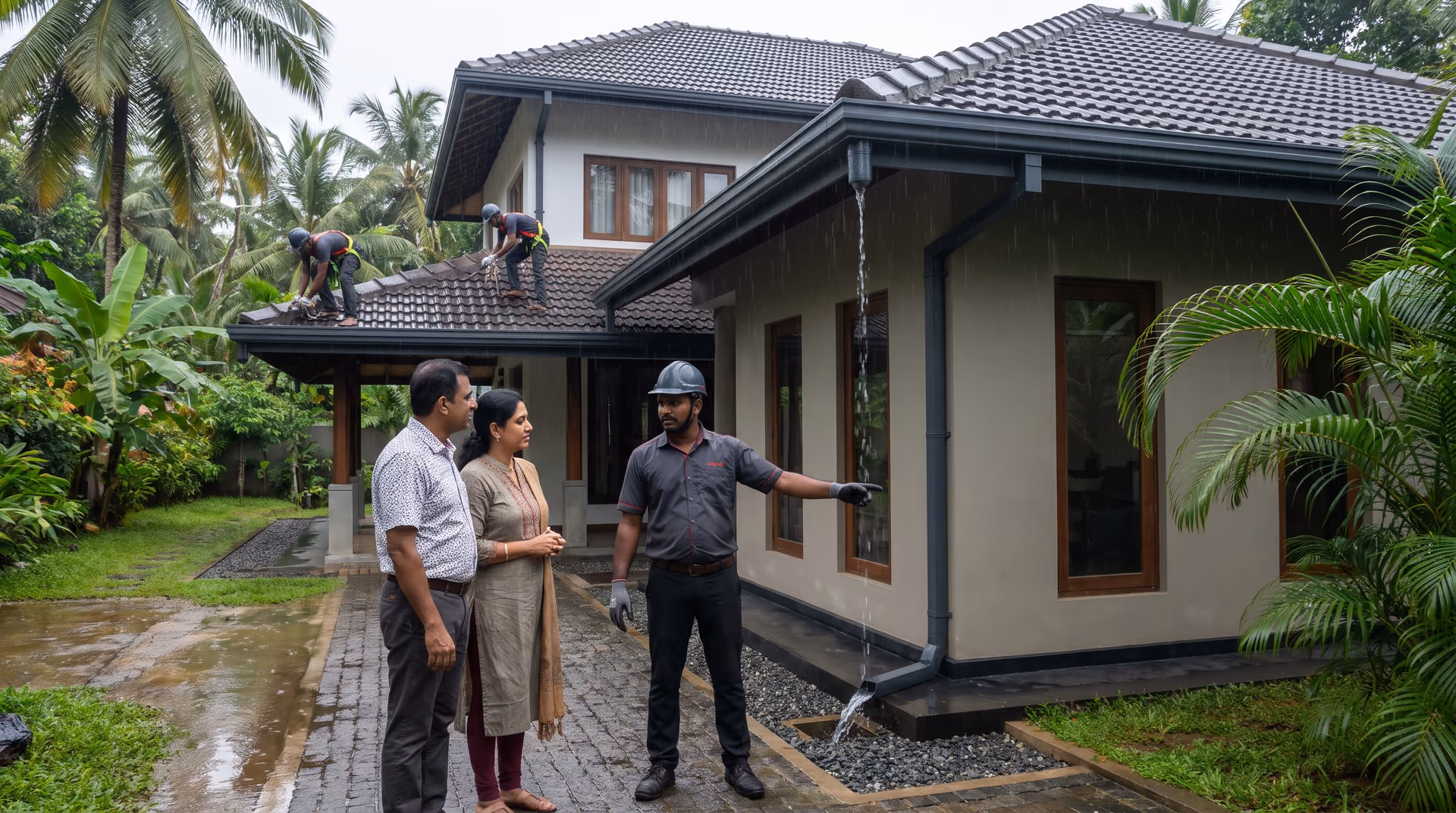 Modern Sri Lankan home with charcoal gutters and downpipes draining rainwater safely away after a shower