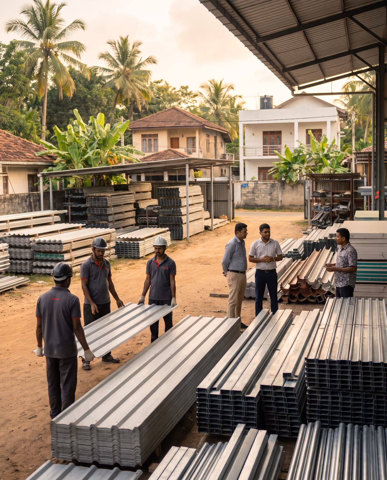 Roofing sheets, C purlins, GI tubes, ceiling boards and gutters neatly stacked in the SHA Roofing materials yard in Sri Lanka