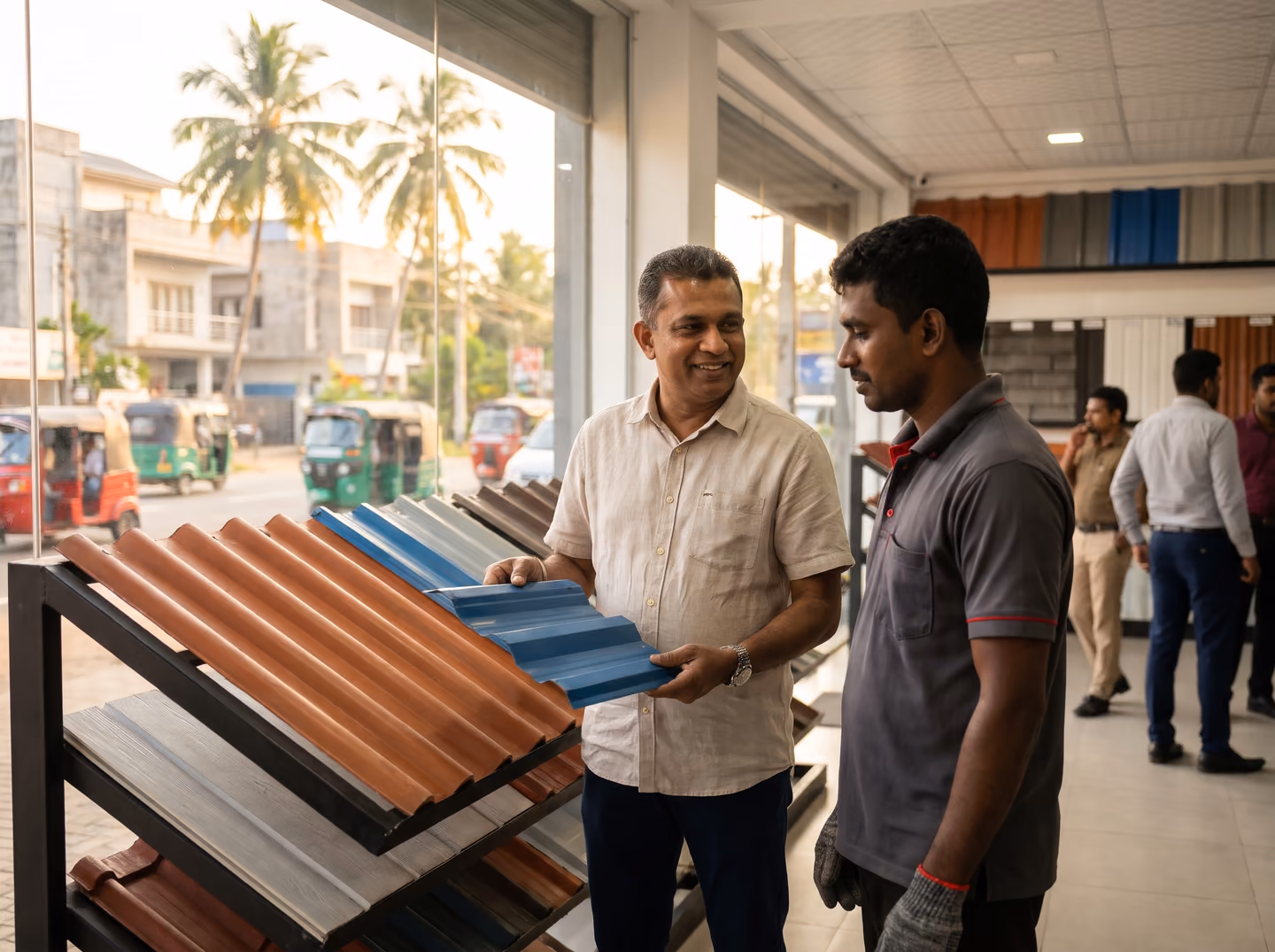 SHA Roofing advisor showing roofing sheet samples to a builder in a materials showroom in Sri Lanka