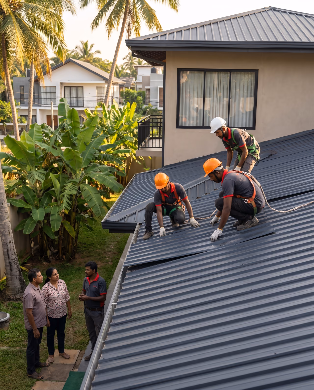 Roofing technicians fixing charcoal colour coated metal roofing sheets on a modern home in Sri Lanka