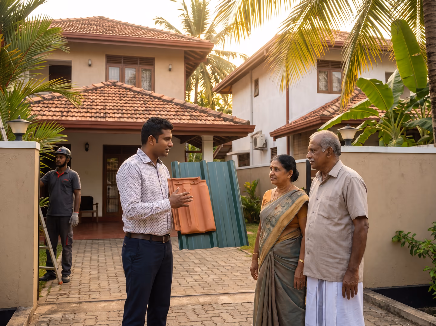 SHA Roofing advisor comparing a metal roofing sheet and a roof tile with a homeowner in front of two Sri Lankan homes