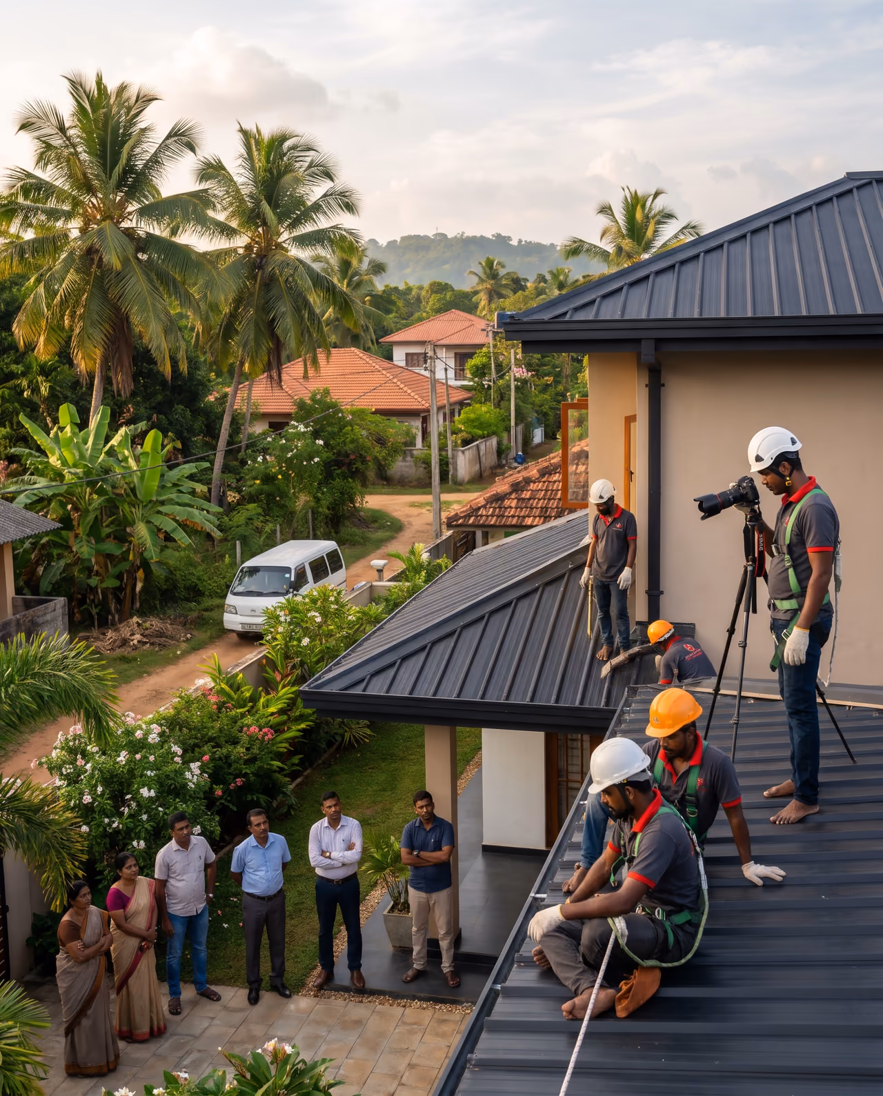 SHA Roofing team photographing a finished charcoal metal roof to document a completed project