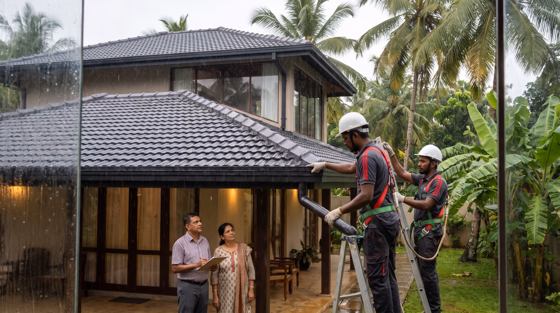 Monsoon clouds over a Sri Lankan home with a charcoal roof, illustrating the SHA Roofing monsoon roof checklist