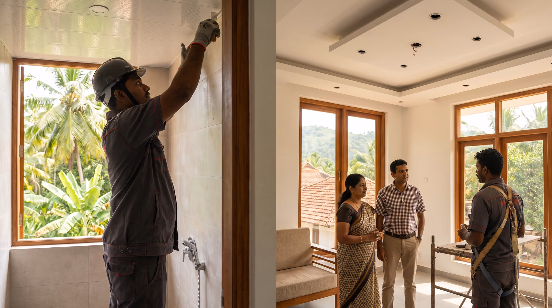 A PVC bathroom ceiling beside a gypsum living room ceiling, illustrating the SHA Roofing guide on PVC and gypsum ceilings