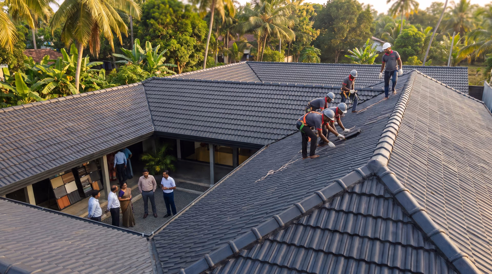 Aerial view of a complex charcoal roof with hips and valleys, illustrating the SHA Roofing guide on roof cost factors