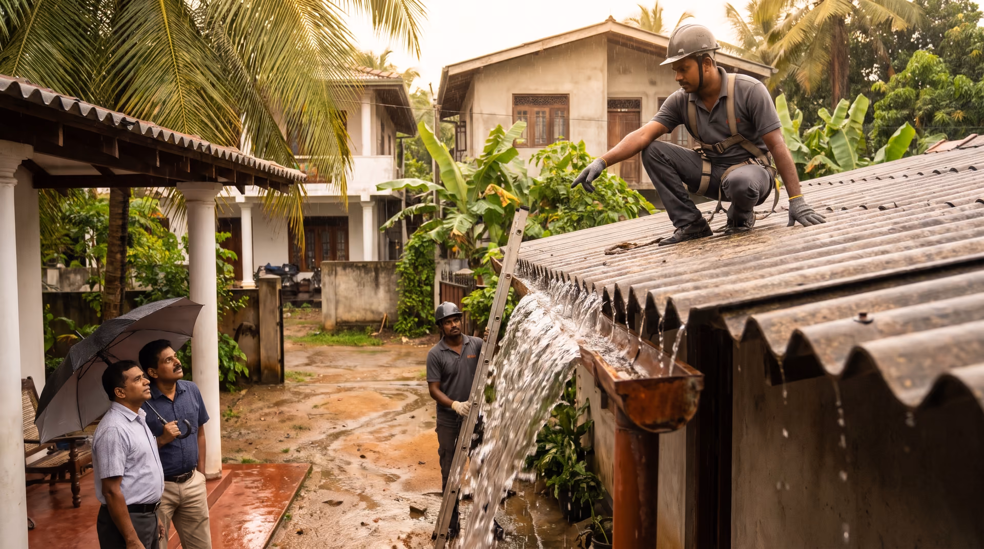Rainwater spilling over a small gutter in monsoon rain, illustrating the SHA Roofing guide on why gutters overflow