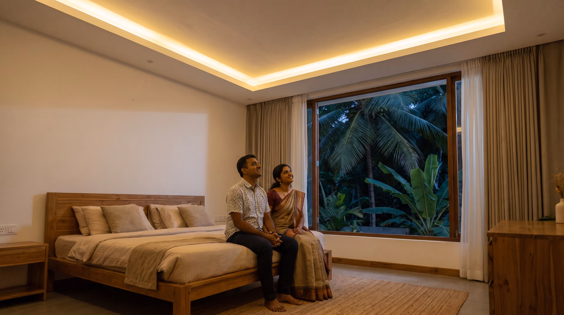 Calm Sri Lankan bedroom with a smooth white gypsum ceiling and warm cove lighting at night