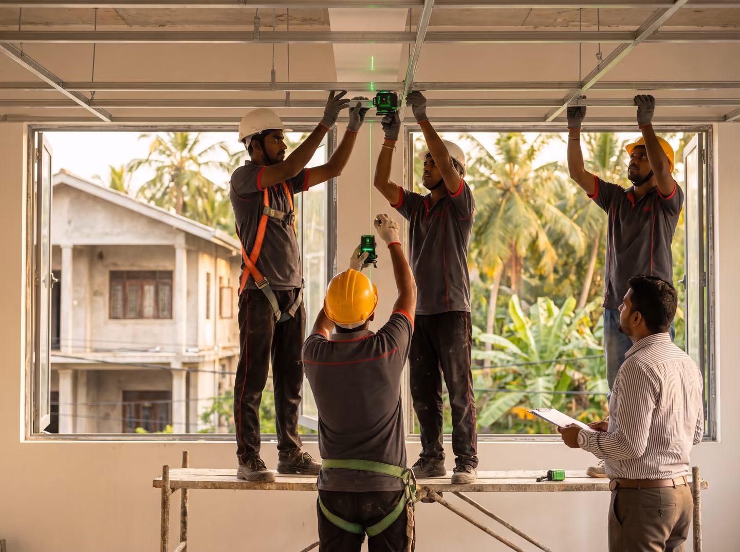 SHA Roofing installers levelling a metal ceiling grid with a laser before fixing gypsum boards