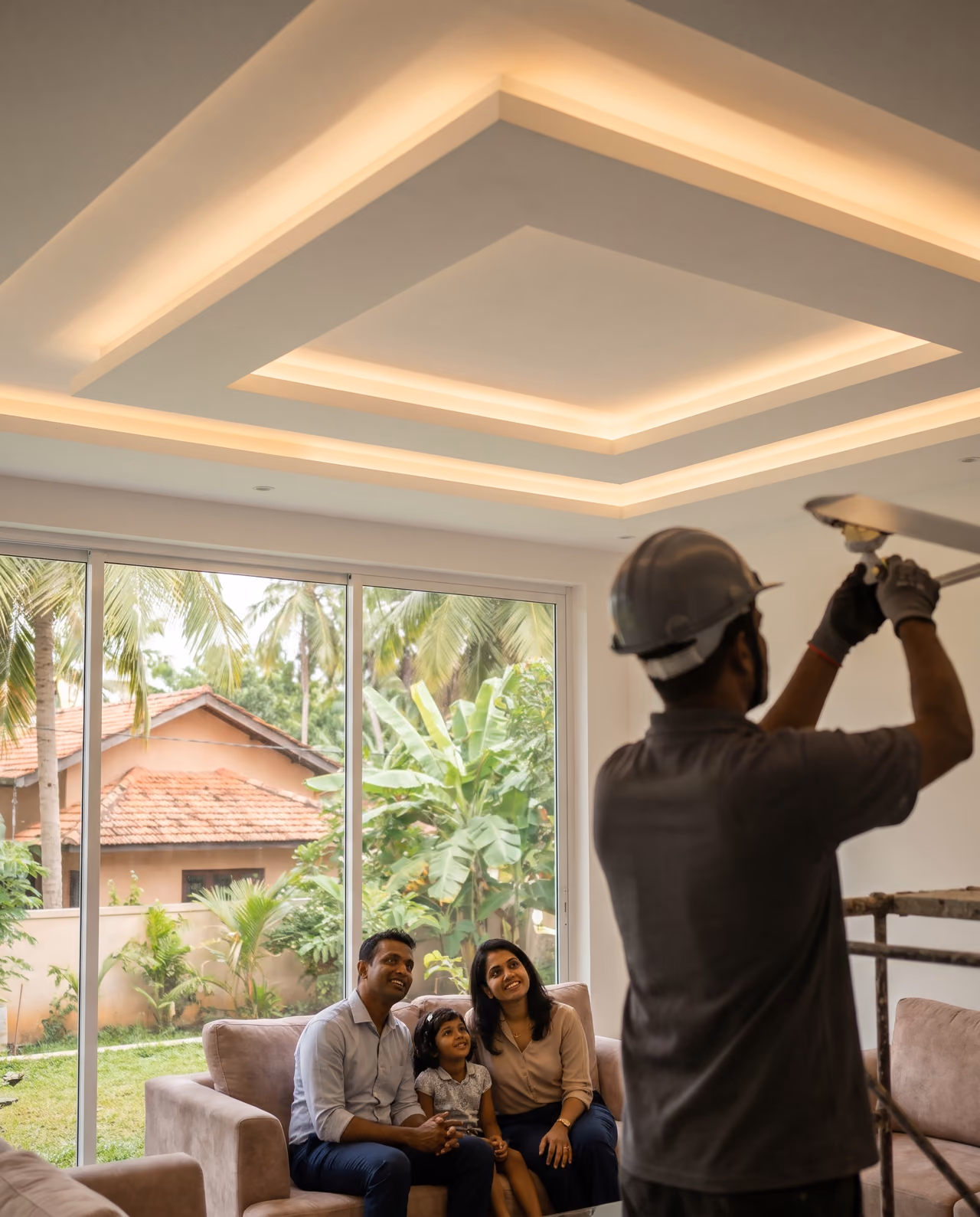 Designer gypsum ceiling with cove lighting in a modern Sri Lankan living room installed by SHA Roofing