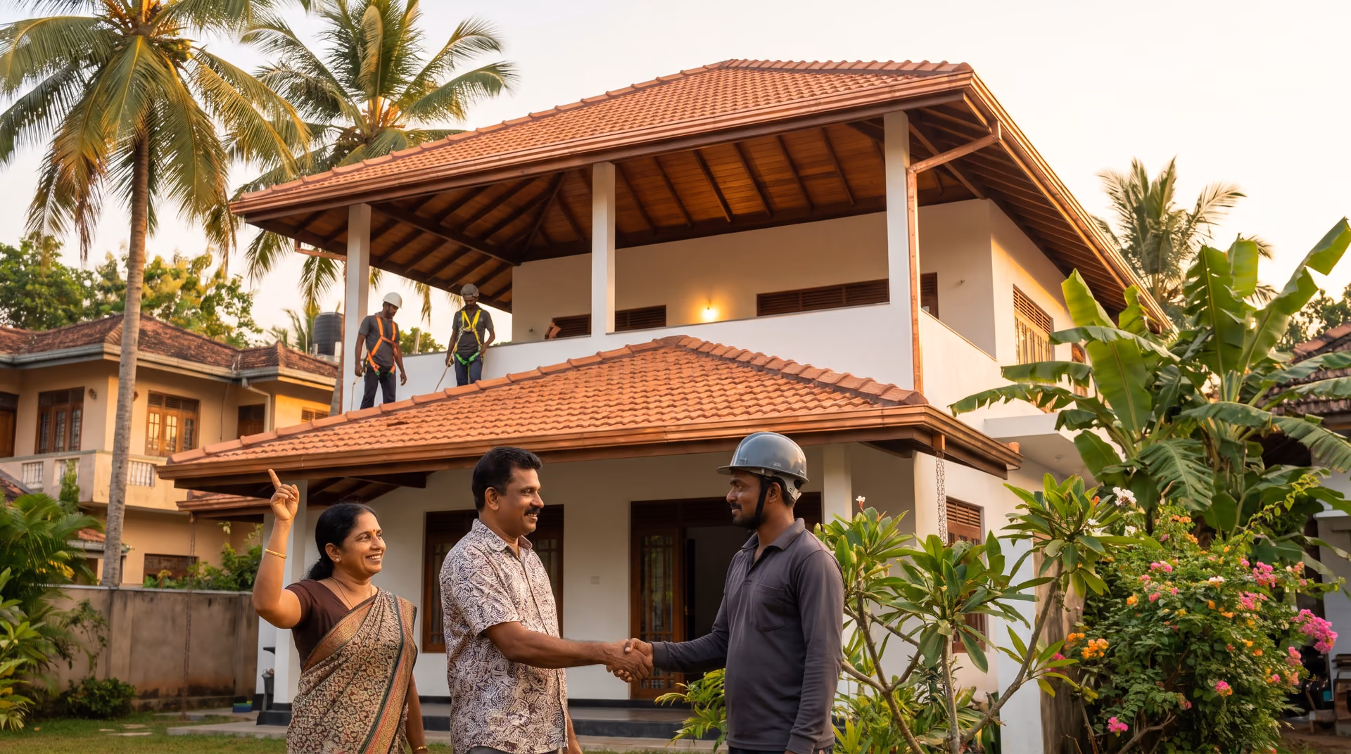 Modern Sri Lankan home with a new roof, gutters and ceilings at dusk after an SHA Roofing handover