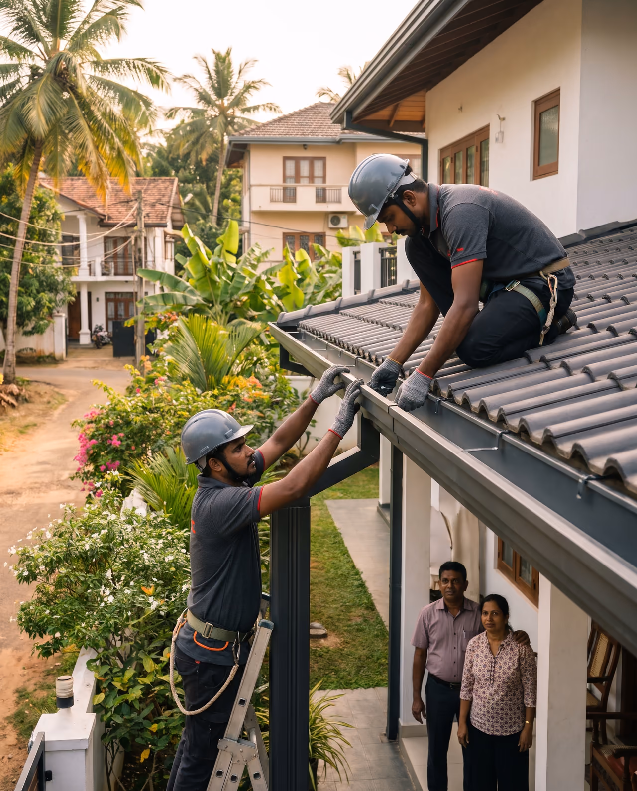 SHA Roofing technicians fitting a new charcoal gutter into brackets along the eaves of a Sri Lankan home