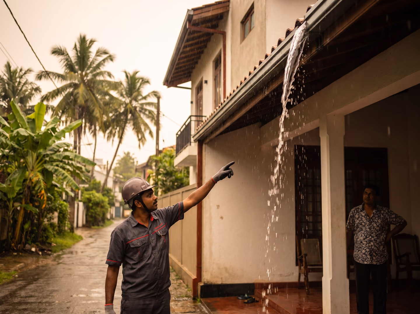 Undersized gutter overflowing onto a house wall in monsoon rain, observed by an SHA Roofing technician