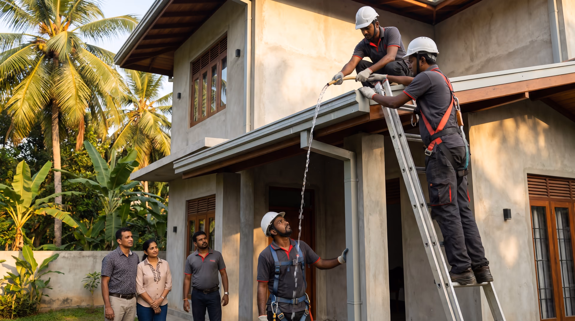 SHA Roofing technicians water testing a newly fitted gutter and downpipe at a Sri Lankan home
