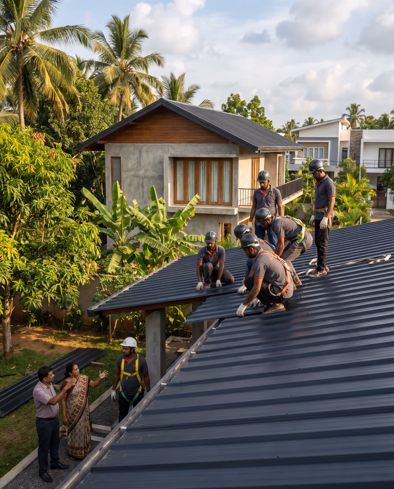 SHA Roofing team installing a charcoal metal roof on a modern two storey home in Sri Lanka