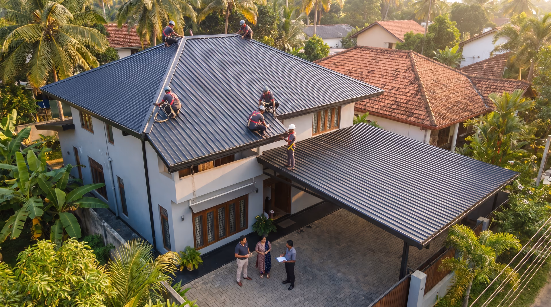 Aerial view of a finished charcoal metal roof and car porch on a modern Sri Lankan home
