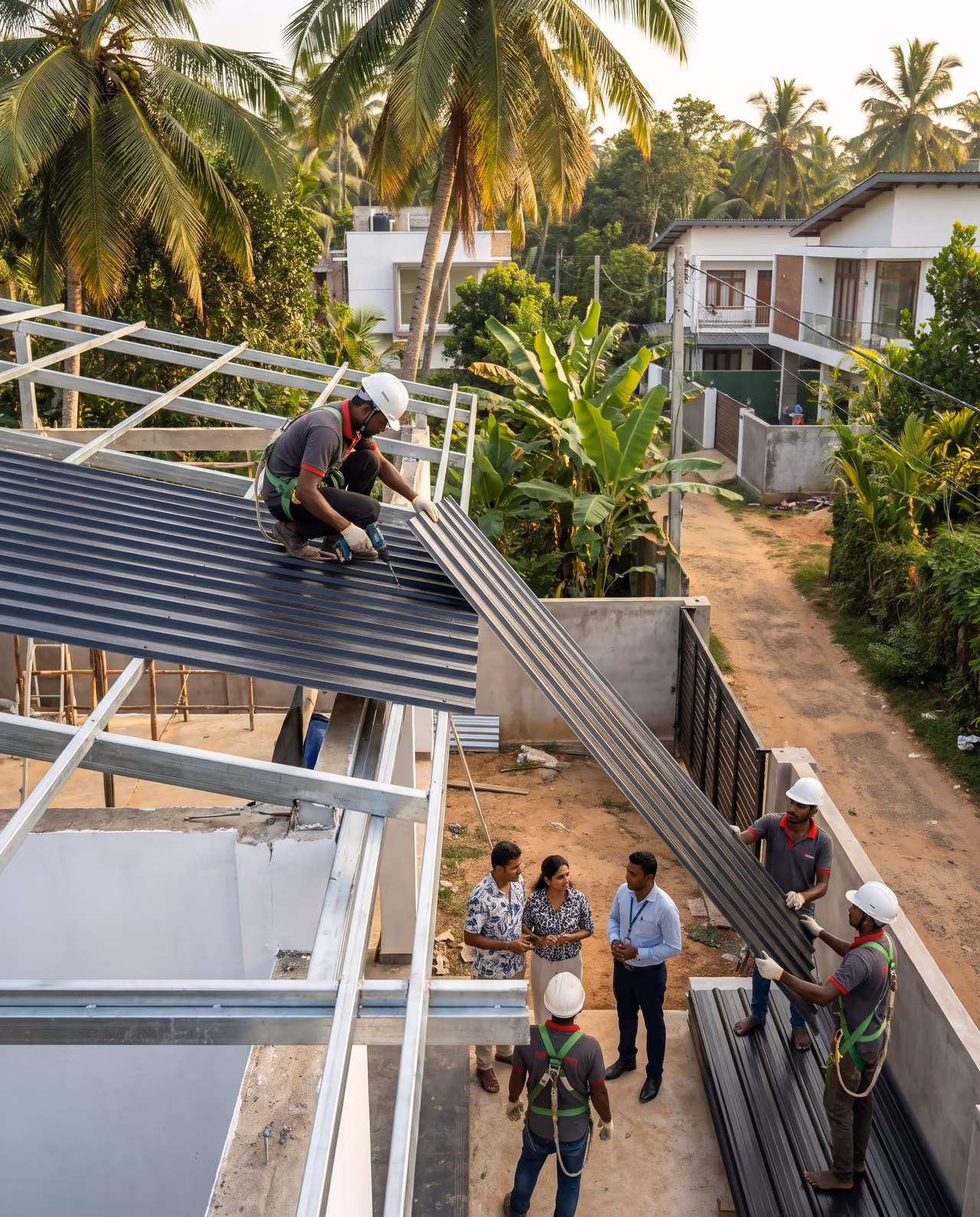 SHA Roofing team installing charcoal metal roofing sheets on the steel frame of a new house in Sri Lanka