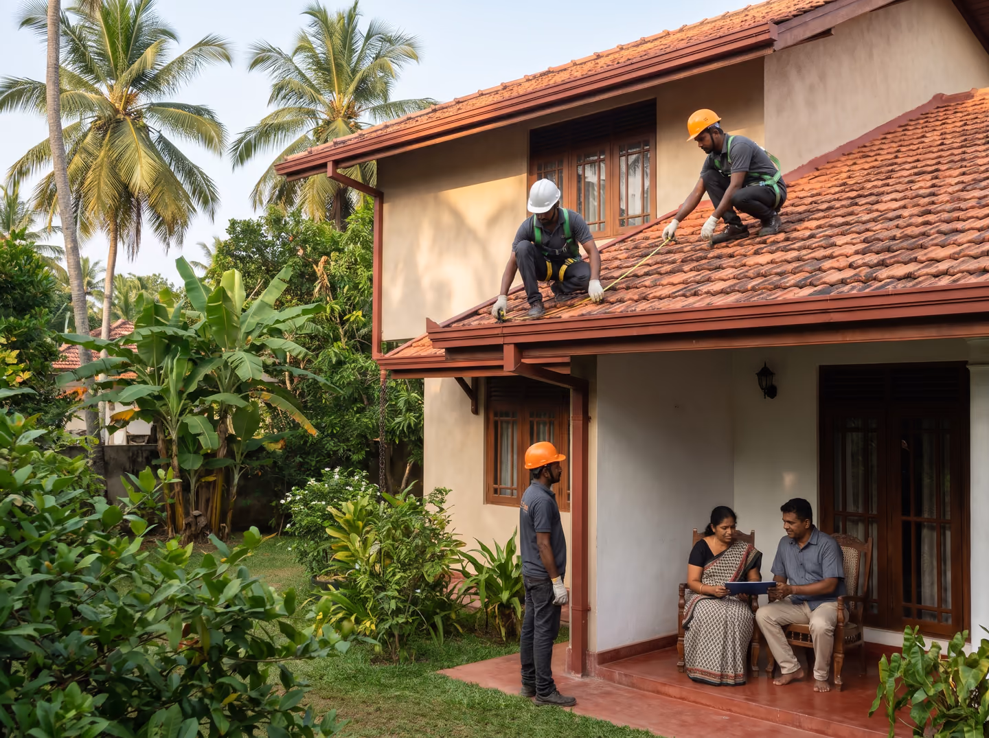 SHA Roofing estimators measuring a house before preparing a roof installation quotation