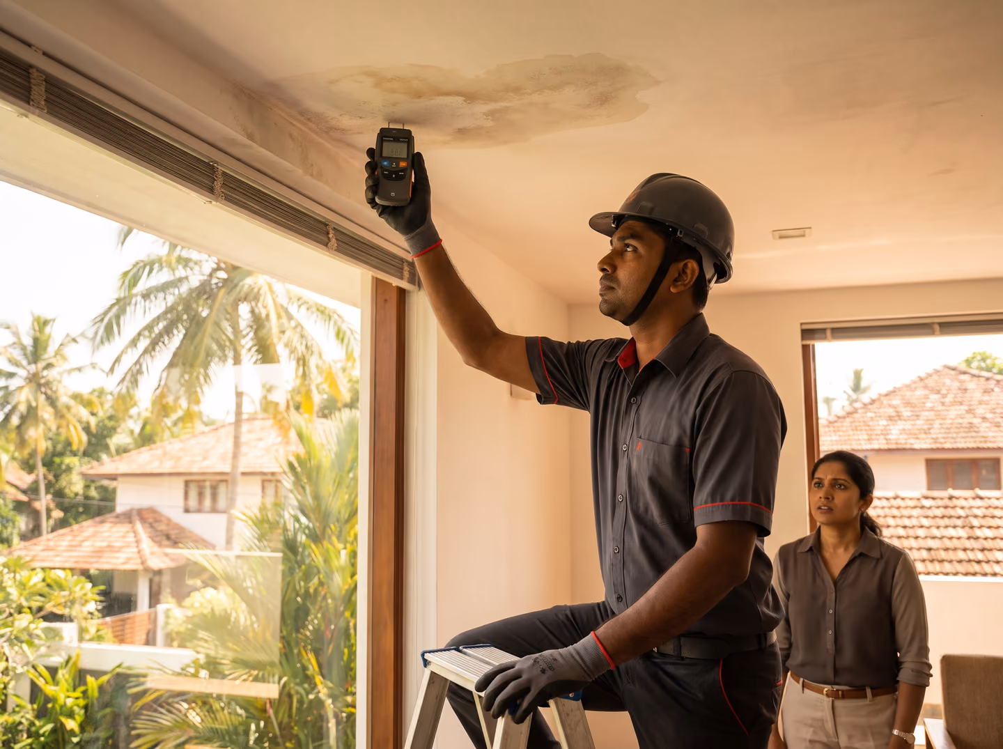 SHA Roofing technician checking a ceiling water stain with a moisture meter to trace a roof leak