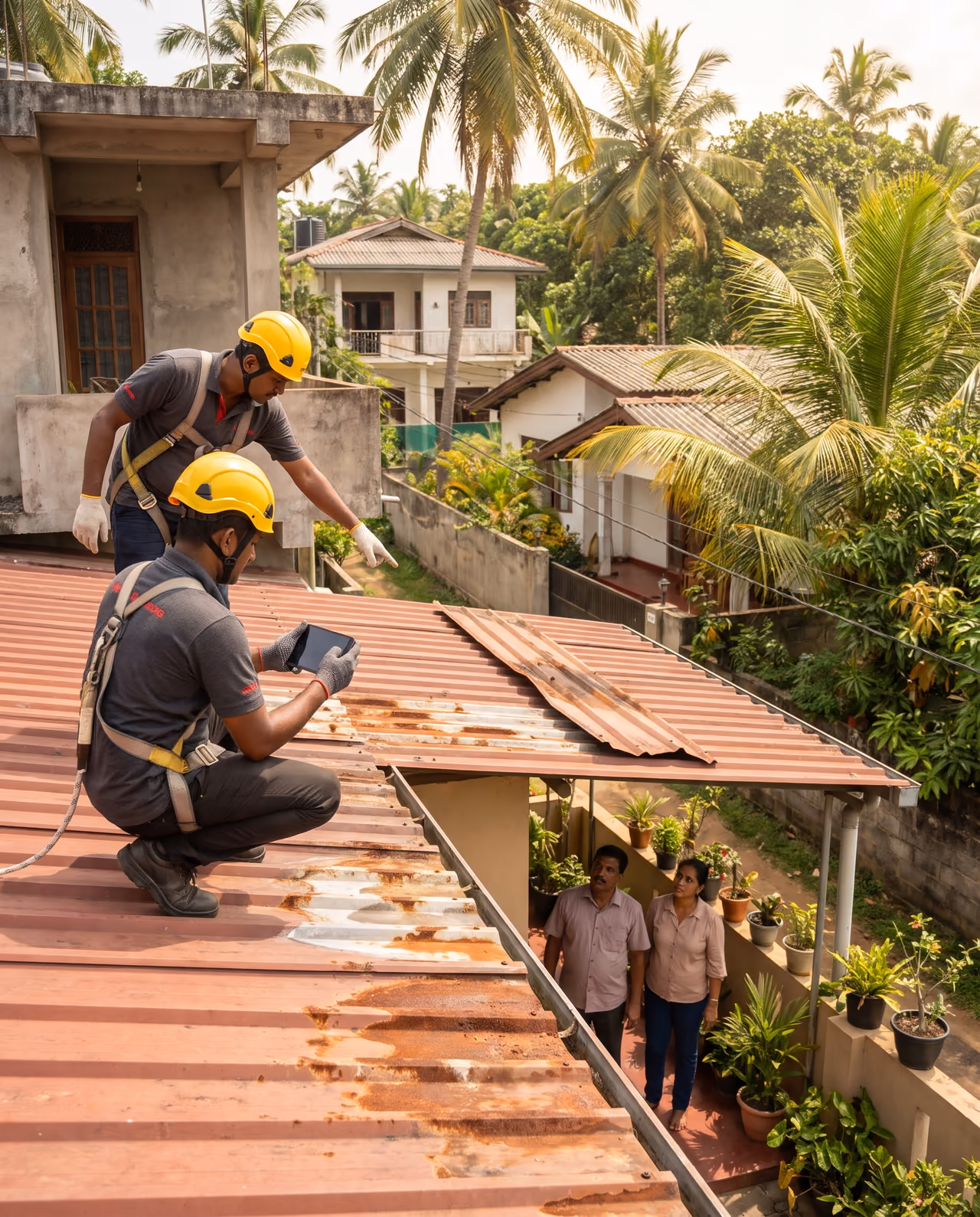 SHA Roofing technicians inspecting and photographing a rusted, leaking metal roof on a Sri Lankan house