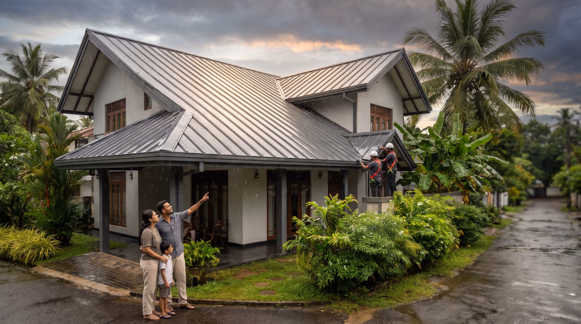 Sri Lankan family home with a new charcoal metal roof shining after rain following re-roofing